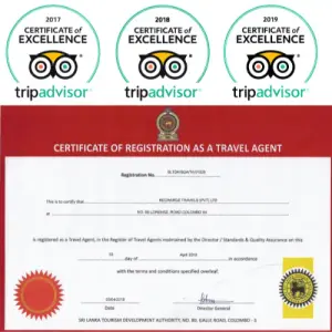 Recharge Travels TripAdvisor certificate awards and SLTDA registration certificate proof