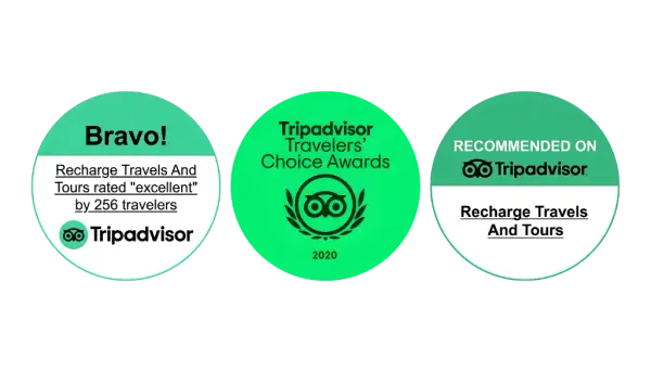 Recharge Travels recommended on TripAdvisor with Travelers Choice award indicators
