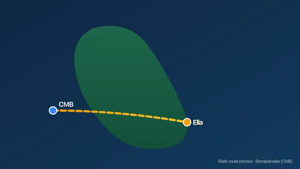 Map of Colombo Airport to Ella transfer route