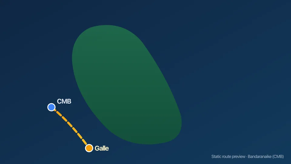 Map of Colombo Airport to Galle transfer route