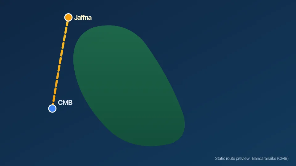 Map of Colombo Airport to Jaffna transfer route