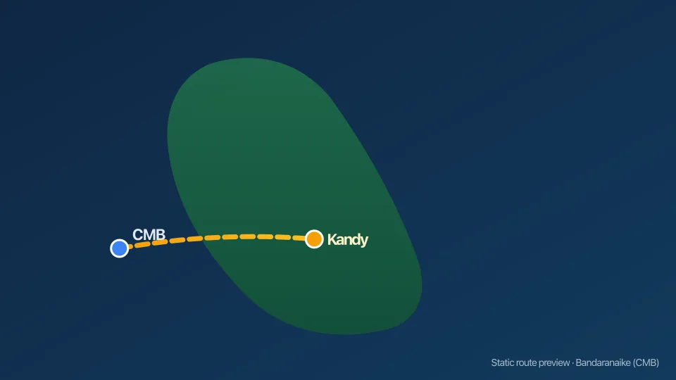 Map of Colombo Airport to Kandy transfer route