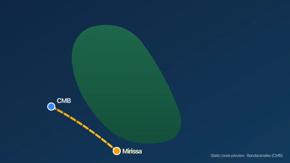 Map of Colombo Airport to Mirissa transfer route