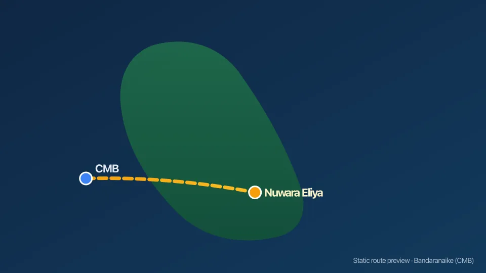 Map of Colombo Airport to Nuwara Eliya transfer route