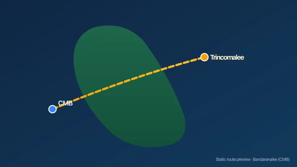 Map of Colombo Airport to Trincomalee transfer route